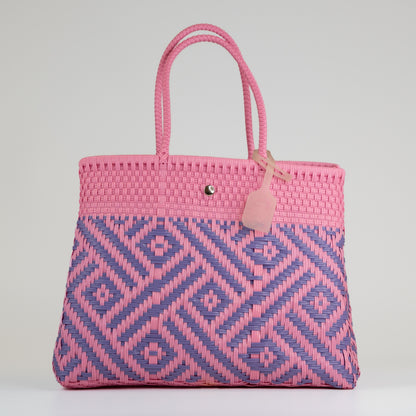 Sac à main motif aztèque en taille médium rose et lilas sur fond blanc 