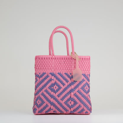 Sac à main motif aztèque en taille small rose et lilas sur fond blanc
